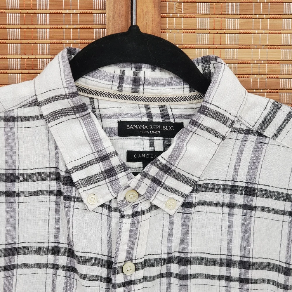 ♧ Banana Republic Camden Fit Linen Plaid Button Down Shirt Size XL White Black